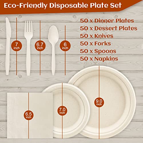 Decorwoo 300Pcs Compostable Paper Plates Set, Eco Friendly Heavy Duty Plates & Biodegradable Utensil Include Forks, Knives, Spoons, Napkins, Soak Proof Disposable Dinnerware Set For Party (Brown) #TOP4