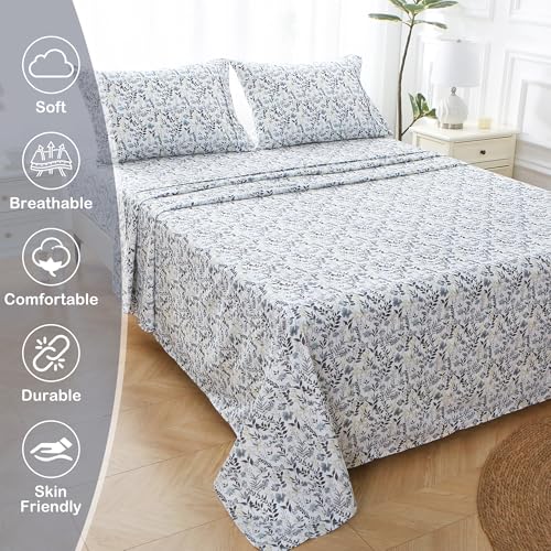 Image of Mooreeke Cozy Vintage Microfiber Printed King Sheet Set - Soft Breathable Percale Cotton Floral Bed Sheets with Deep Pocket - Non-Slip Fitted Design - Yellow Blue Gray Gradient Flowers Pattern