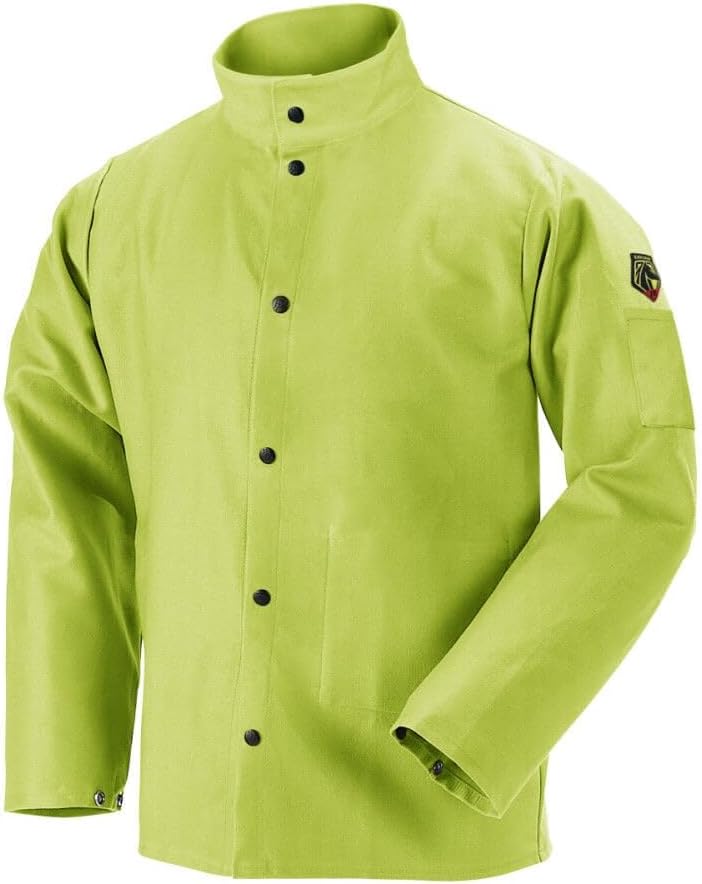 Black Stallion (FL9-30C Cotton Welding Jacket, 9 oz Flame Resistant Cotton, Stand-Up Welder's Collar, Leather-Reinforced Snap Closures, 30-Inch Length, X-Large, Safety Lime Green