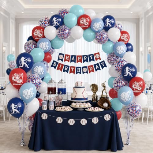 Image of Baseball Balloons for Birthday Party Decor, 12 inch Navy Blue Red White Balloon | Dusty Light Blue Red Baseball Print and Confetti Balloons for Boys Baseball Birthday Baby Shower Sport Team Party Decorations