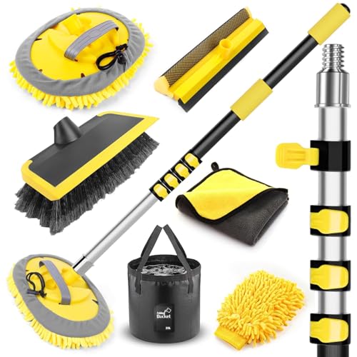144'' Car Cleaning Kits with Telescoping Pole, Collapsible Bucket, Chenille Mop, Bristles Brush, Window Squeegee, Mitt, Micro Fiber Towels, Extendable Wash Detailing for RV Truck Boat Clean Accessory