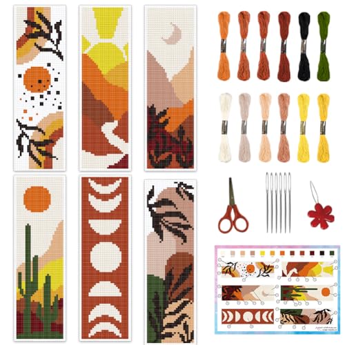 Image of INFUNLY 6PCS Boho Cross Stitch Bookmark Kits 8''x2.4'' Landscape Bookmark Making Kit Moon Phases DIY Stamped Embroidery Bookmarks for Beginners with Instruction for Book Lovers Reader Writers Gift
