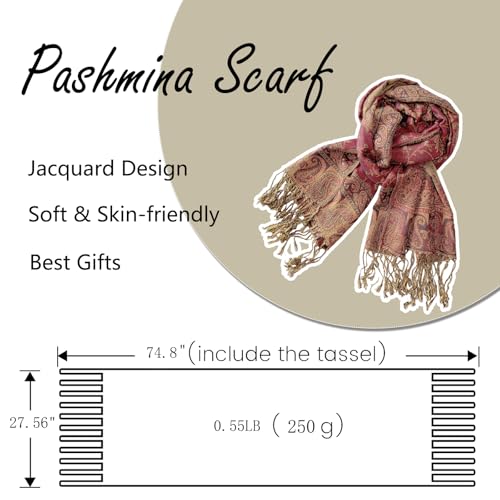 Pashmina Rave Shawl Wraps Scarf For Women w/Fringes Soft Silky Reversible Paisley Scarf For Wedding Gifts Festival (Dark Red)2