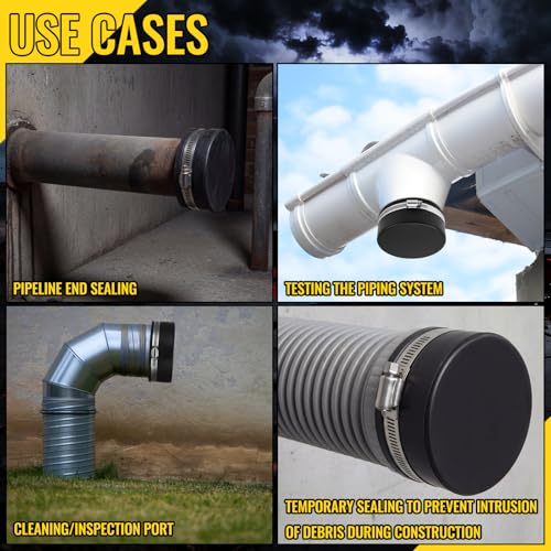 Image of 6 Pack 5 Inch Flexible PVC Pipe Cap with Stainless Steel Clamps - Black Durable End Caps for Drainage, Wastewater & Vent Pipes, Above /below Ground Use