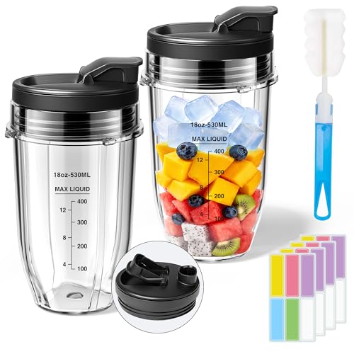 Image of ENVTEK Replacement 18oz Blender Cups for Ninja 2-Pack, Leakproof Lids, Waterproof Writable Labels (24pk) & Cleaning Brush, Compatible with BN401 BN801 BL450 BL480 BL640 NN100 SS401 Foodi Series