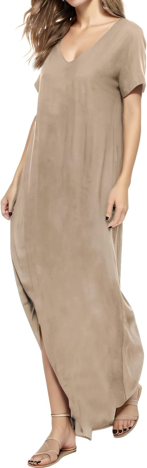 Match Women's V-Neck Casual Loose Short Sleeve Long T-Shirt Dress Split Maxi Dress with Side Pocket