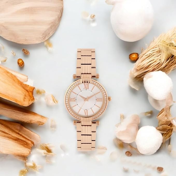 Image of EVRGLOW Analogue Wrist Watches for Women's & Girls&Miss&Ladies Luxury Blue Dial with Roman Marker in Diamond Studded Round case with Rose Gold brecelet Strap Stylish Quartz Watches