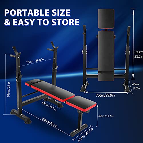 Adjustable Folding Weight Bench Multi-Function Incline Seat Fitness Barbell Rack for Home Gym Strength Training Max load 330lbs (Black Red)