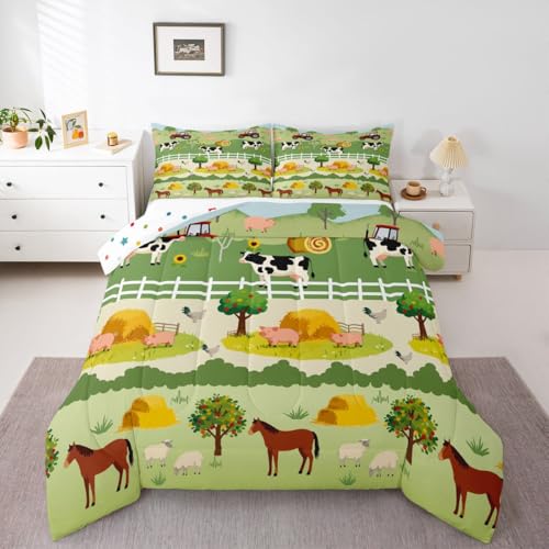 Image of Feelyou Kids Cartoon Farm Animals Comforter Set Girls Boys Cute Pig Cow All Season Down Comforter Kawaii Horse Chicken Duck Bedding Set Room Decor Funny Farm Nursery Quilt King Size 3Pcs Boys