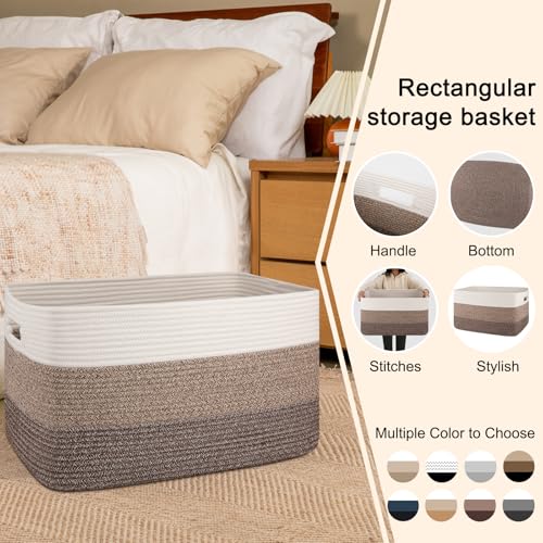 Image of OIAHOMY Large Blanket Basket For Living Room, Rectangle Woven Baskets for Storage, Nursery Toy Storage With Handle-22 inchx17 inchx12 inch-Gradient Dark Brown