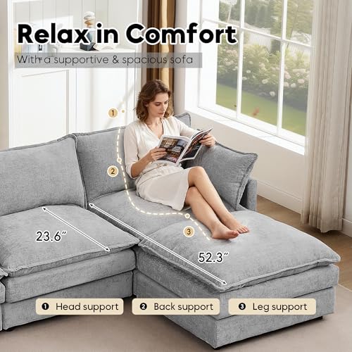 Image of 102 inch L Shaped Modular Sectional Sofa, Comfy Upholstery Chenille Cloud Couch with Ottoman, Modern 4-Seat Deep Seat Sofa with Pillow for Living Room, Bedroom, Apartment, Grey