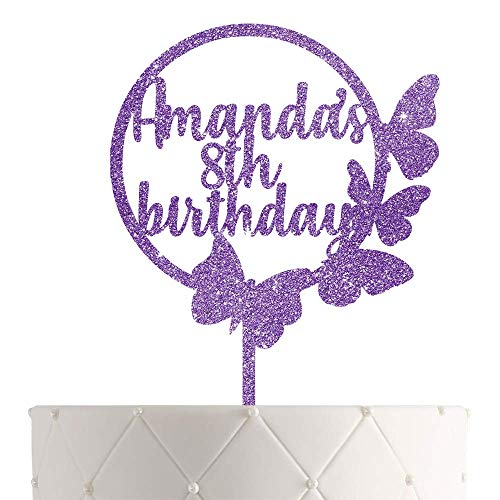 Personalized Butterfly Birthday Cake Topper With Customized Name and Date (Design 01, Purple Glitter)