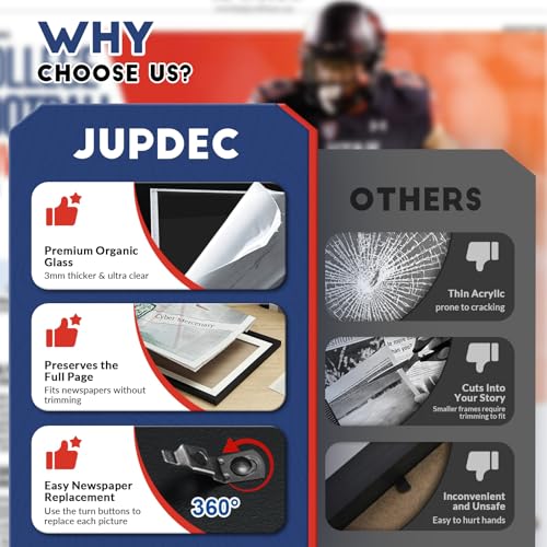 Image of JupDec 11 x 22 Up to 13 x 24 Newspaper Frame, Premium Wood Display Case with Acrylic Panel, Wall Mount or Tabletop Stand, Perfect for Home & Office Decor, Ideal Gift for Collector, 3 Pack, Black