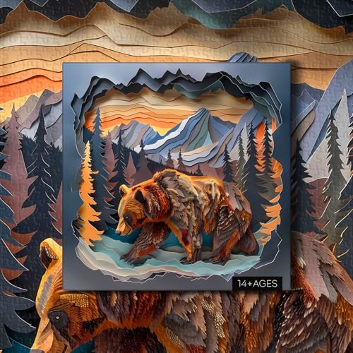Puzzles de oso animal para adultos 1000 piezas, rompecabezas difíciles de cortar en papel, naturaleza planta bosque montaña como decoración de hogar miniatura 7