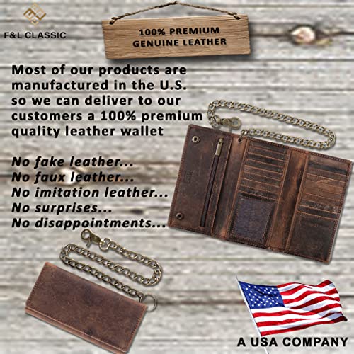 F&L CLASSIC RFID Blocking Mens Tri-fold Long Style Cowhide Leather Steel Chain Wallet,buffalo vintage leather2