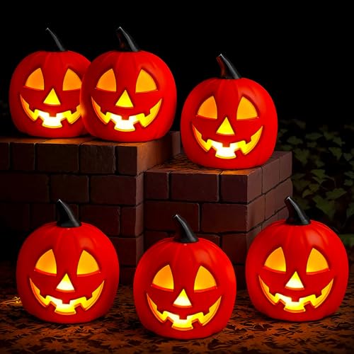 Kittmip 6 PCS 8.5 Inch Halloween Plastic Jack O Lantern Pumpkins Face LED Lighted Battery Operated Pumpkin Decoration Light Up Jack-o Lantern for Indoor Yard Lawn Garden Party Outdoor Porch (Orange)