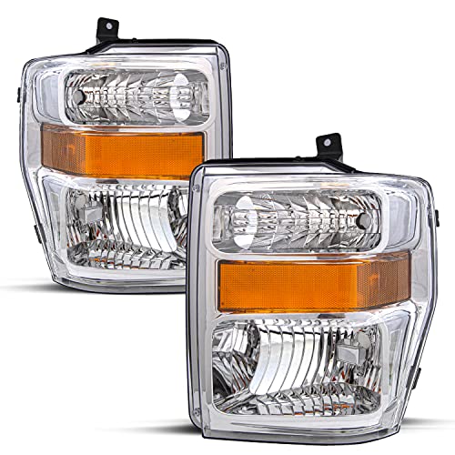 JSBOYAT Headlight Assembly Replacement for 2008-2010 Ford F250 F350 F450 F550 Super Duty Headlamp Driver and Passenger Side (Chrome Housing with Amber Reflector)