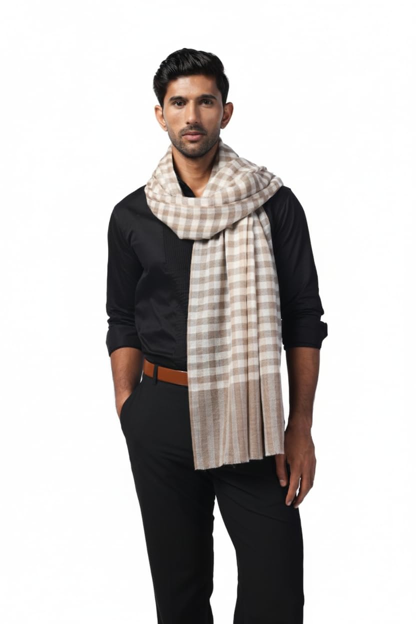 Elegant Woolen Winter Stole, Brown and White Check Pattern, Premium Fine Wool, 70 x 200 cm, Ethnic Style-image-45