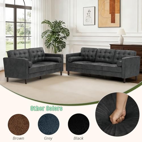 Image of Suede Leather Upholstered Sofa Set with Tufted Backrests, Grey | 3 Seaters Couch and Loveseat Sofa with Bolster Pillows, 2 Pieces Living Room Set for Living Room, House