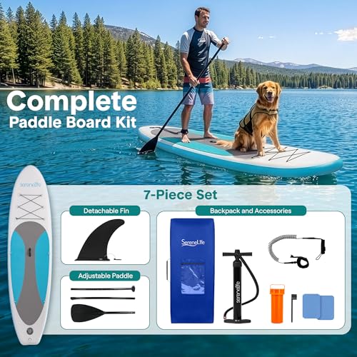 Image of SereneLife 10' Inflatable Stand Up Paddle Board with Premium SUP Accessories - Wide Stable Design with Non-Slip EVA Deck Pad, for Youth and Adults, 350 lbs. Capacity
