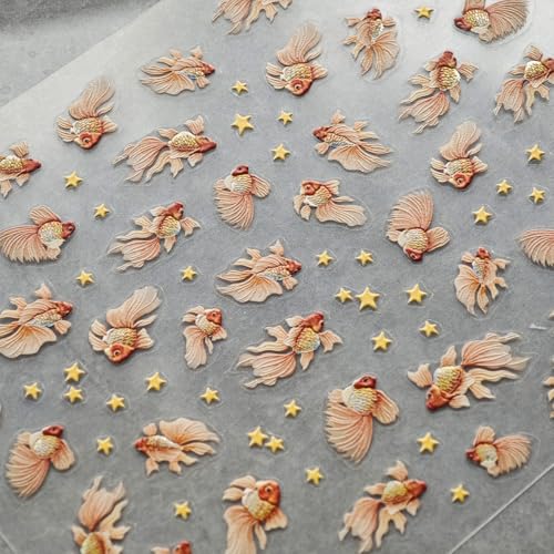Image of Goldfish Nail Art Stickers 5D Embossed Nail Decals Chinese Style Design Star Koi Fish Nail Stickers Manicure Supplies Charm for Women Girls DIY Decorations Accessories