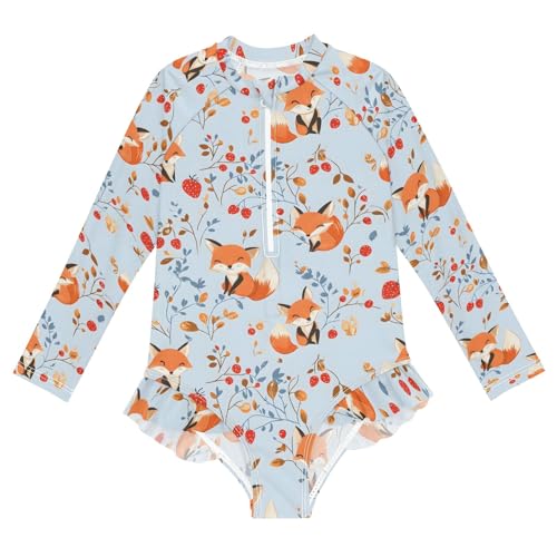 Fox Leaf Fall Girls Long Sleeve Swimsuit Rash Guard One Piece Bathing Suits Zipper 3-12T