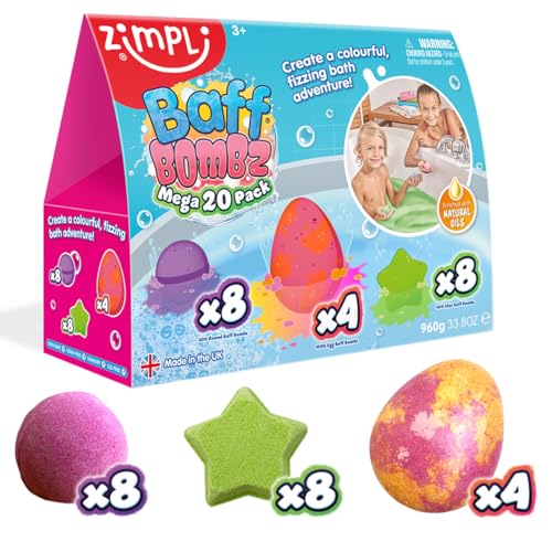 20 x bombas de baño Paquete Mega Value de Zimpli Kids, juego de regalo de bomba de baño en caja perfecta para niños, apto para veganos y libre de crueldad