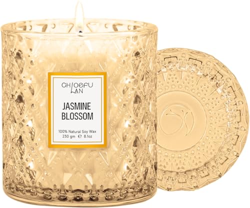Chloefu LAN Jasmine Blossom Scented Candle Luxury Soy Candles 55 Hours Slow Burning Non Toxic Gift-Ready for Hosts & Gatherings Farmhouses Home Decor Long Lasting for Bath & Office 8.1oz