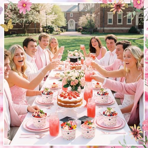 Image of Funnymoom 50 Pack Pink Wildflower Graduation Ice Cream Cups 9 oz Class of 2026 Congrats Grad Disposable Dessert Snack Cups Floral Graduation Paper Soup Bowls for College High School Party Supplies
