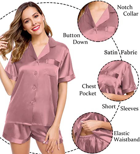 Image of LecGee Womens Silk Satin Pajamas Short Sleeve Loungewear Two-Piece Sleepwear Button-Down Pj Set