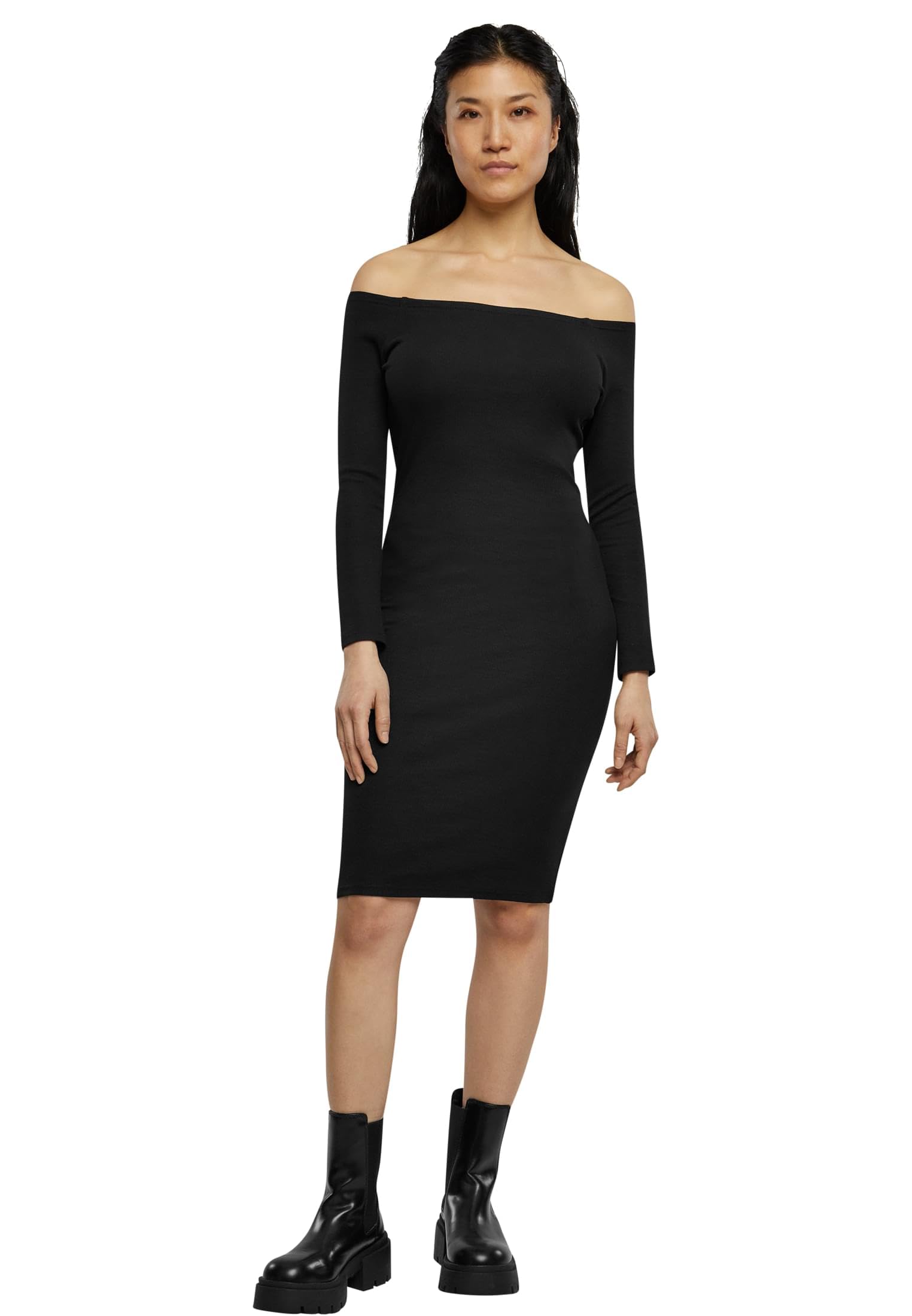 Urban Classics Women's Ladies Off Shoulder Longsleeve Rib Dress Dress, Black,