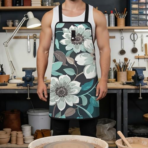 Delantal floral gris y blanco unisex con múltiples bolsillos miniatura 4