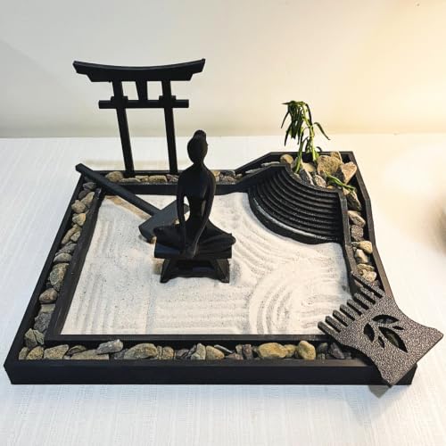 Image of Desktop Zen Garden Set, Japanese Style Meditation Sand Garden in Black PLA with mini Torii Gate and Rake, Table Decor (Small)