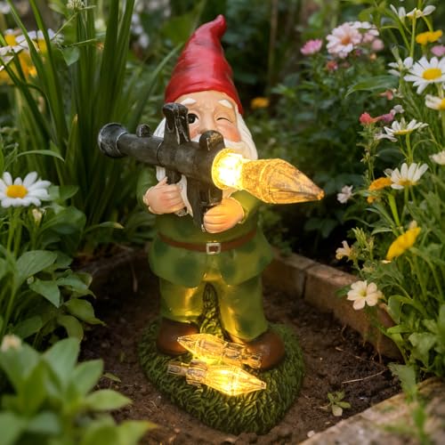 Large Garden Gnome Statue with Guns Solar Military Army Soldier Guardian Hunter Gnome Garden Decoration Figurine Lights Porch Decor Valentines Day Men Gift Scale War Combat Guards Patriotic Dwarves