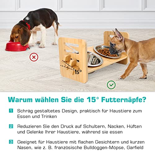 Qlfyuu erhöhter Hundenäpfe, höhenverstellbar Futternäpfe für Hund und Katze Hundenapf Katzenapf mit Bambusständer, 2 Edelstahl Fressnäpfe, Futterstation für Katzen und kleine Hunde - Image 7