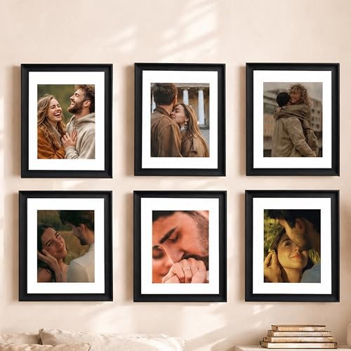 Image of Art Street 8x10 Picture Frame Set of 6, Display Pictures 5x7 with Mat or 8x10 Without, Gallery Wall Frame Set for Wall or Tabletop Display, Engineered Wood with Shatter Resistant Plexiglass, Black