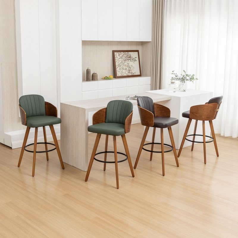 Counter Height Bartools Set of 2, 26 Inch Mid Century Counter Stools with Walnut Back and Arms Upholstered Seat for Kitchen Island, Green 26.4"-Set of 2 Walnut-green