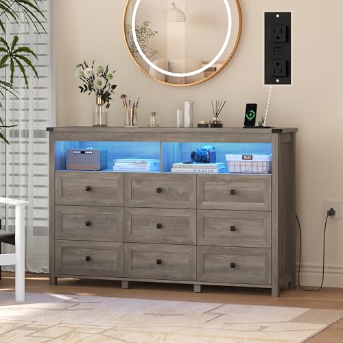 Image of Wodeer 9 Drawer Dresser for Bedroom with LED Lights, Charging Station, Wood Chest of Drawers with Metal Handles, Modern TV Stand & Storage Organizer for Bedroom, Hallway, Grey