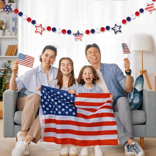 Image of 4th of July Garland with Felt Balls Stars 8.2 FT, Red White and Blue American Flag Colors Beaded Decor, Rustic Patriotic Decor for Shelf Display, Fireplace, Wall (Star)