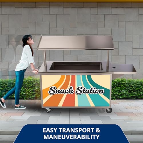 Classroom Basics Breakfast Cart, Commercial Food Service Cart with “Snack” Magnet Design, 3 Full-Size Steam Table Pan Capacity, Over Shelf, Stainless Steel Frame, 26\" D x 56\" W x 63-5/8\" H
