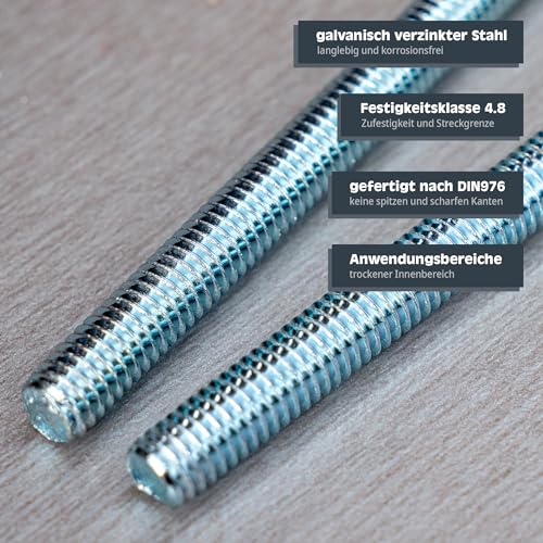 HELPMATE – Gewindestange M6 x 330 mm aus verzinktem Stahl – 2 Stück Gewindestab mit metrischem Vollgewinde – Gewindestift mit Festigkeitsklasse 4.8, DIN 976