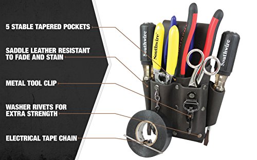 Southwire POUCH4 Leather Tool Pouch; 5 Pocket Pouch with Electrical Tape Chain; Fade Resistant; Durable Compartments; Washer Rivets; Includes Metal Tool Clip; Dark Brown by Southwire - Image 5