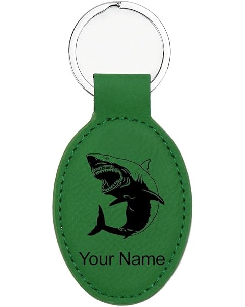 LaserGram Oval Keychain, Great White Shark, Personalized Engraving Included