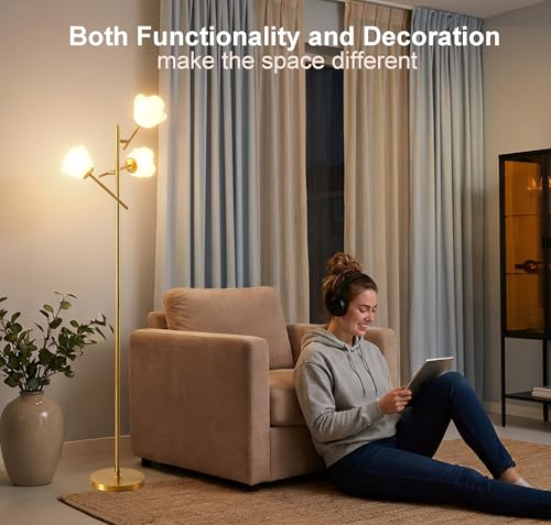 Image of Fiqevs Mid Century Modern Floor Lamp with 3 Adjustable Flower Shade - Floral LED Standing Light with Foot Switch & Light Bulb, Sputnik Tree Lamp for Living Rooms Bedrooms - Antique Brass /Gold