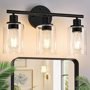 3-Light Bathroom Light Fixtures, 17.23″ Black Modern Vanity Lights with Clear Glass Shade, Bathroom Wall Lamp for Mirror Kitchen Living Room Hallway Cabinet Porch
