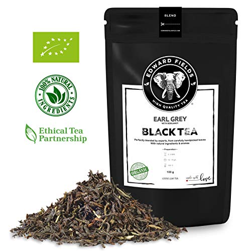 Edward Fields ® Tea - Té negro Earl Grey orgánico de alta calidad con bergamota. Te eco a granel, hoja entera, recolectado a mano, ingredientes naturales, Bio, 100g, India.