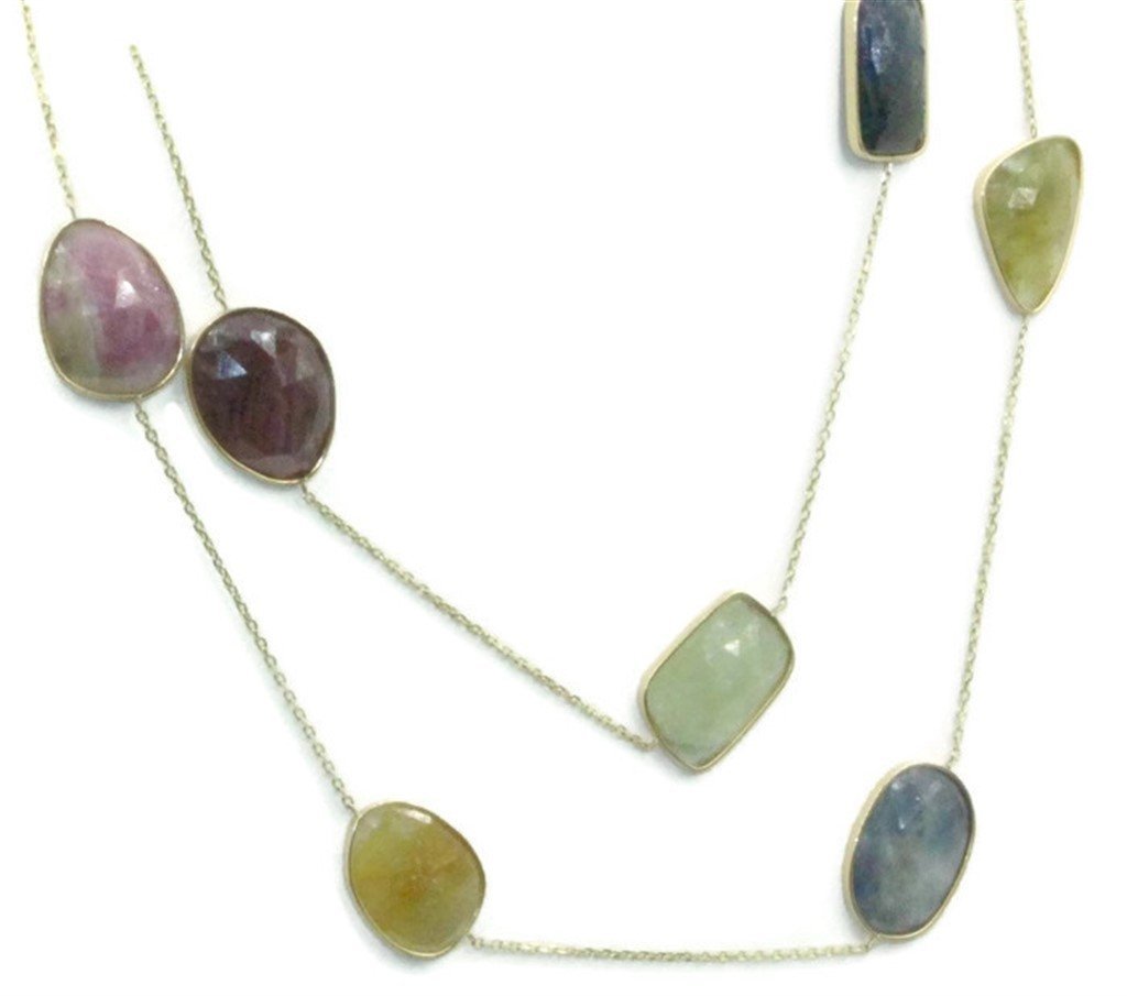 Multi-Color Slice Sapphire 36" Necklace,14k Yellow Gold Cable Chain,25 Grams