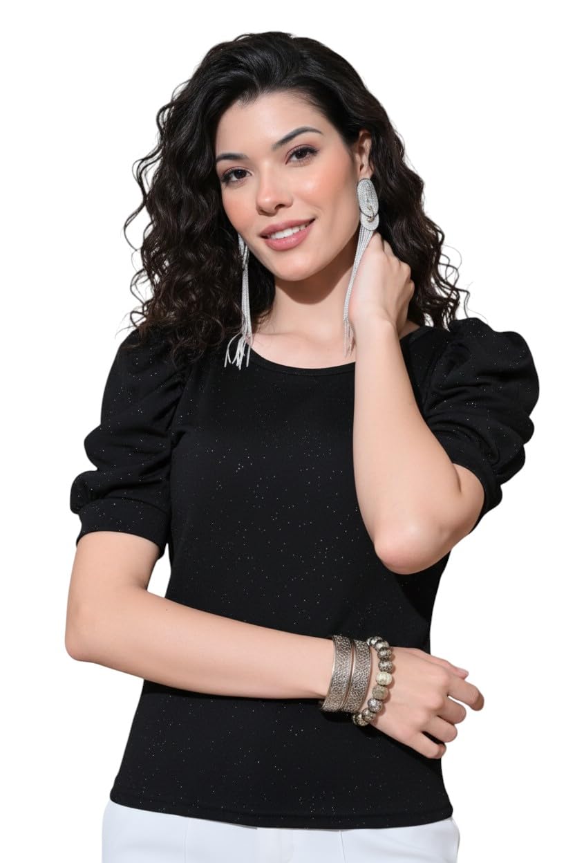 Women’s Black Glitter Puff Sleeve Top Half Sleeve Round Neck Western Top Shimmer Fabric-image-0