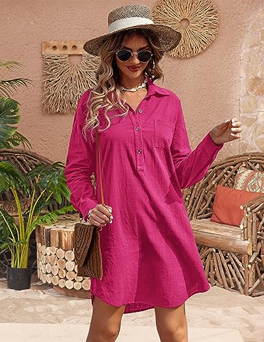 Image of Zeagoo Women Summer Dress Cotton Linen Shirt Dress Button Down Tunic Dress Beach Cover Up Dress
