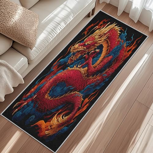 Red Dragon Area Rug 6x9, Flame Animal Rug, Chinese Asian